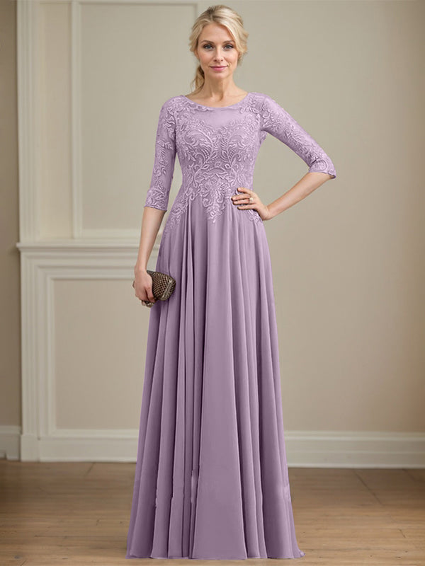 Robe de mère de la mariée en mousseline de dentelle, coupe trapèze, décolleté illusion, longueur au sol, ornée de sequins 