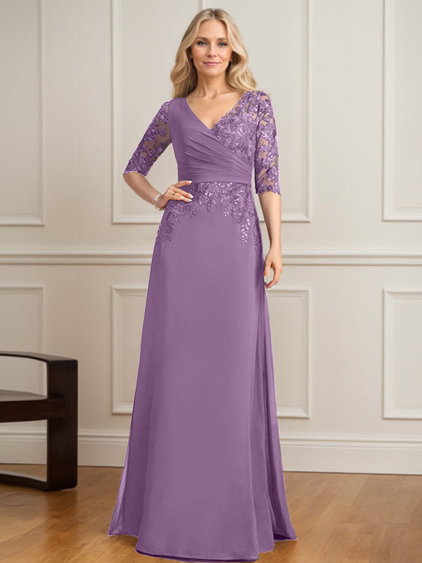 Vestido de novia de corte A, escote en V, largo hasta el suelo, de gasa de encaje con lentejuelas plisadas. 