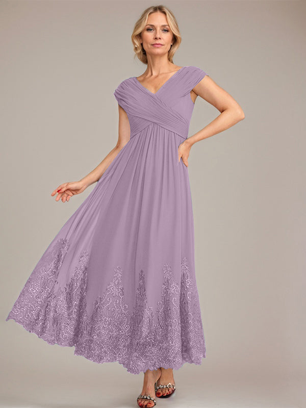 Vestido de gasa de corte evasé, escote en V, largo hasta el tobillo, para la madre de la novia, con apliques de lentejuelas. 