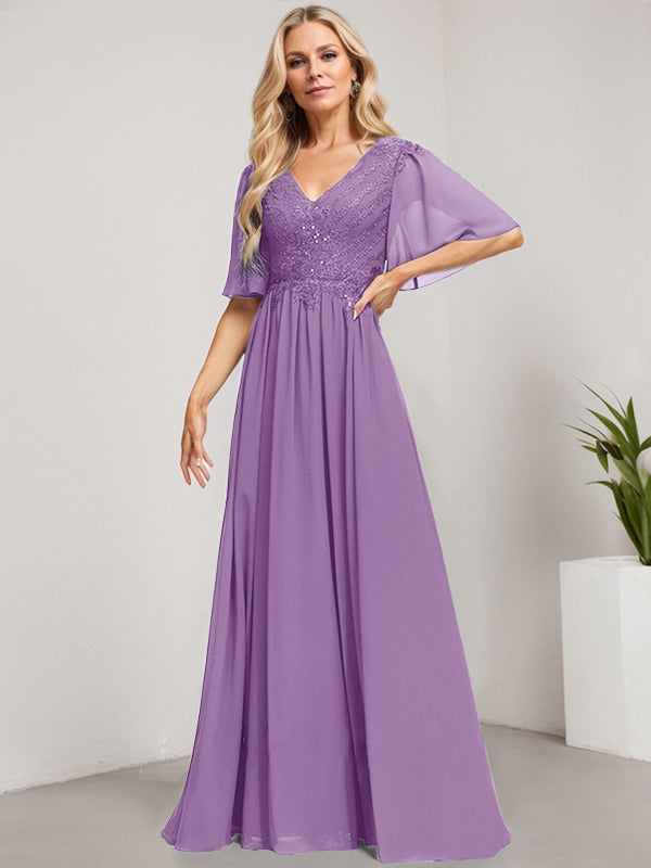 Vestido de novia de corte A, escote en V, largo hasta el suelo, de gasa de encaje con lentejuelas para la madre de la novia 
