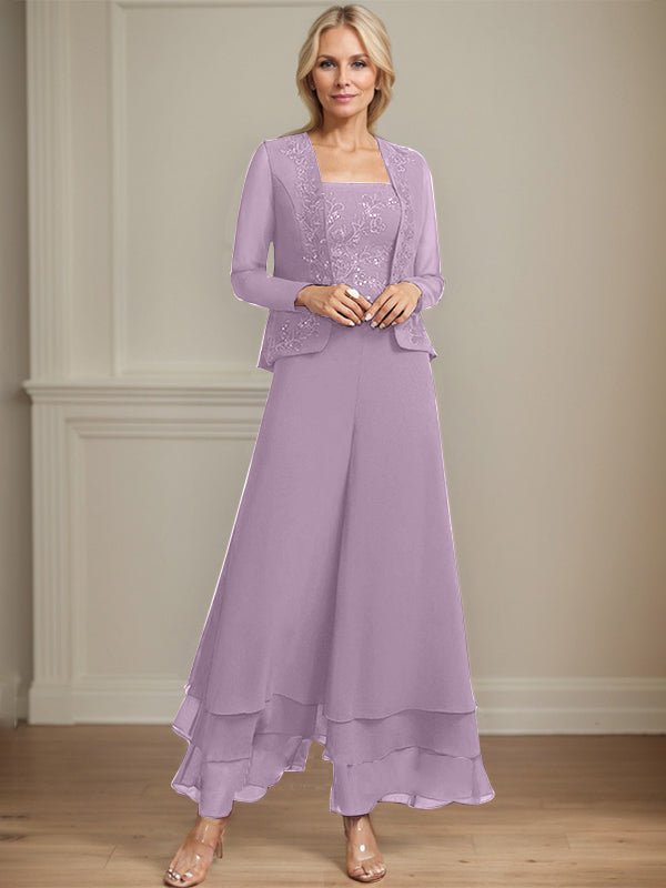 Conjunto de pantalón y chaqueta de dos piezas, corte cuadrado, largo hasta el tobillo, encaje, gasa, vestido de madre de la novia con lentejuelas 