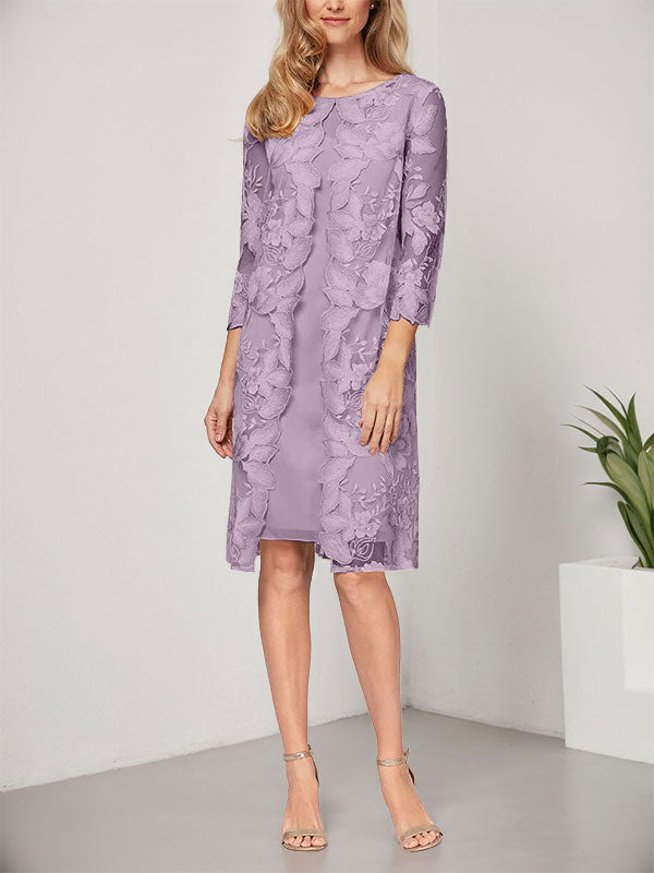 Vestido de corte A, escote redondo, largo hasta la rodilla, de gasa y encaje, para la madre de la novia, con chaqueta. 