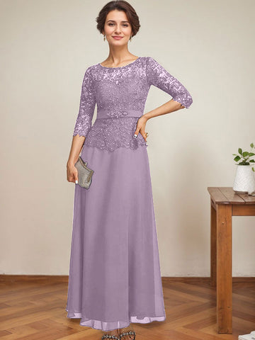 A-line Scoop Illusion Ankle-Length Chiffon Lace Mother of the Bride Dress With Rhinestone Beading