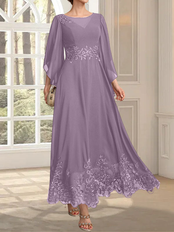 Robe de mère de la mariée en mousseline de dentelle, coupe trapèze, décolleté illusion, longueur cheville, ornée de sequins 