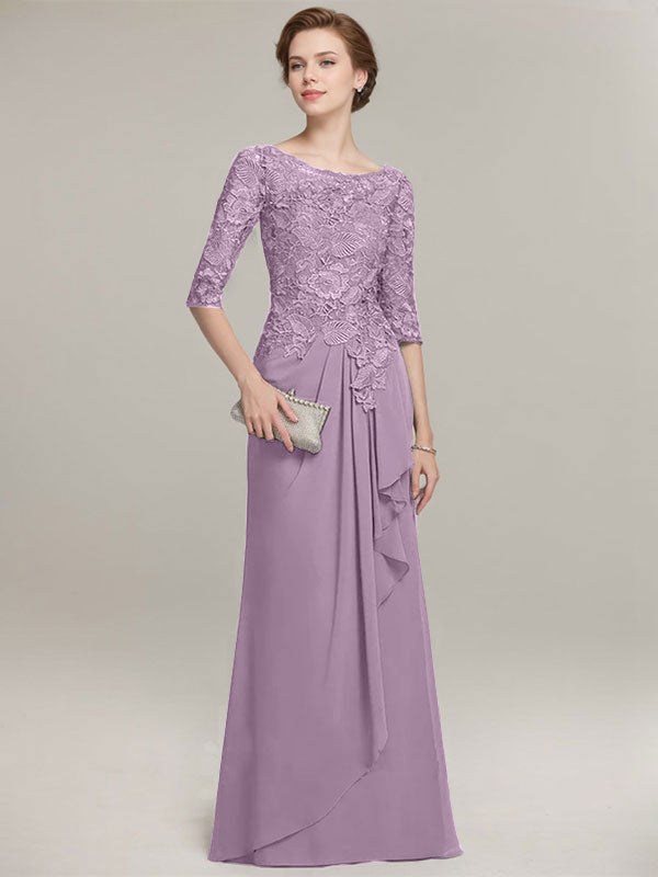 Robe de mère de la mariée en mousseline de dentelle, coupe trapèze, décolleté illusion, longueur au sol, avec volants cascade 