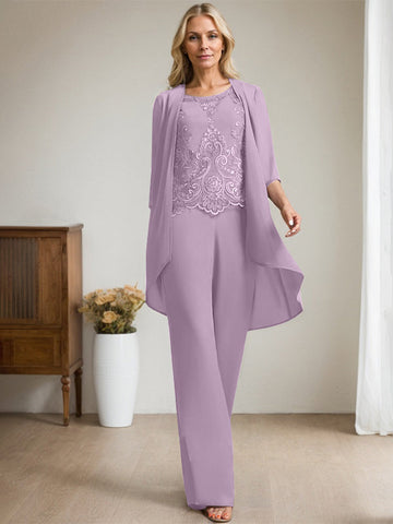 Separates Jumpsuit/Pantsuit Scoop Floor-Length Chiffon Lace Mother of the Bride Dress With Beading Sequins