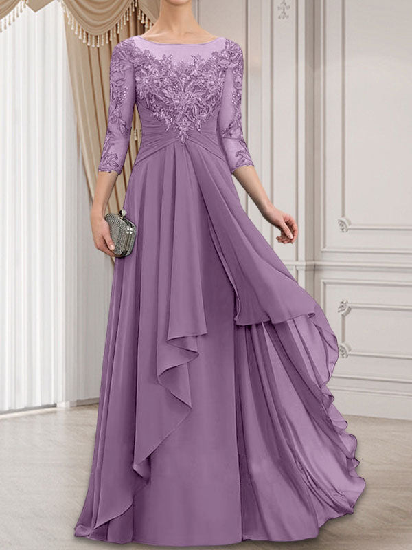 Robe de mariée en mousseline de dentelle, coupe trapèze, décolleté illusion, longueur au sol, avec volants cascade, idéale pour la mère de la mariée.