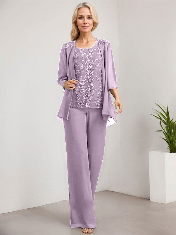 Vestido de novia de gasa con encaje y lentejuelas, estilo mono/pantalón, largo hasta el suelo, con escote redondo.
