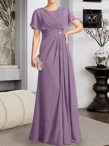 A-line Scoop Floor-Length Chiffon Mother of the Bride Dress With Pleated Beading