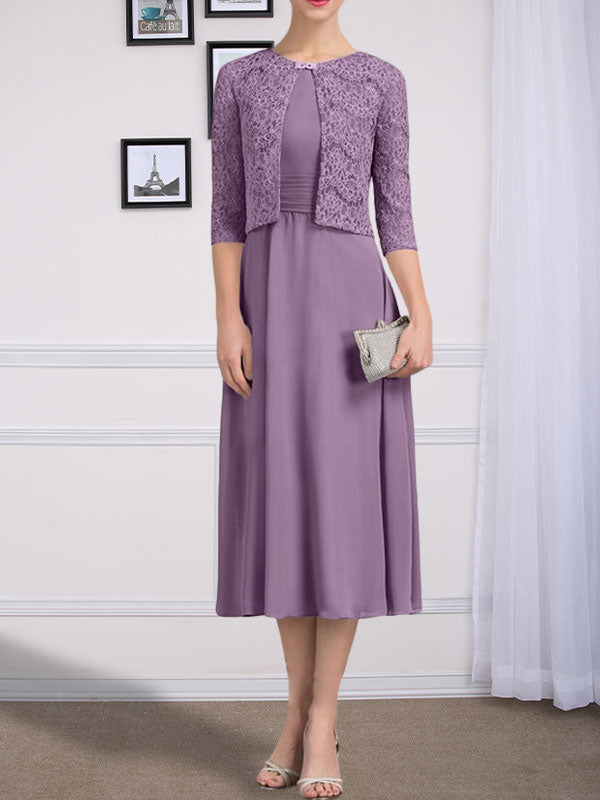 Vestido de chifón de corte línea A, largo té, para la madre de la novia, con escote redondo y pliegues.