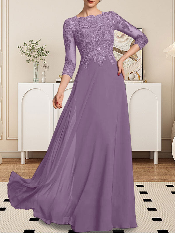 Vestido de novia de corte línea A, escote redondo, largo hasta el suelo, de encaje y gasa con lentejuelas.