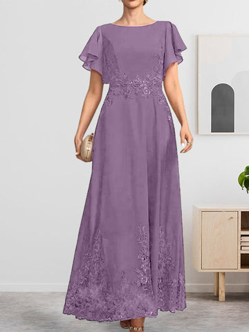 A-line Scoop Ankle-Length Lace Chiffon Mother of the Bride Dress With Sequins