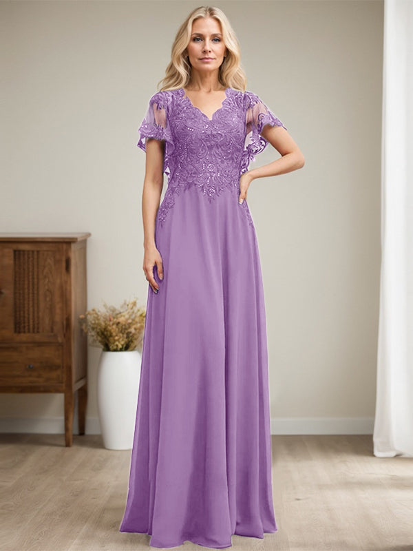 Vestido de novia de corte A, escote en V, largo hasta el suelo, de gasa de encaje con lentejuelas para la madre de la novia 