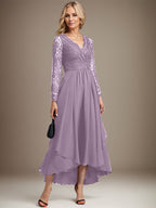 Vestido de novia de gasa con encaje asimétrico, escote en V y corte en A para la madre de la novia 