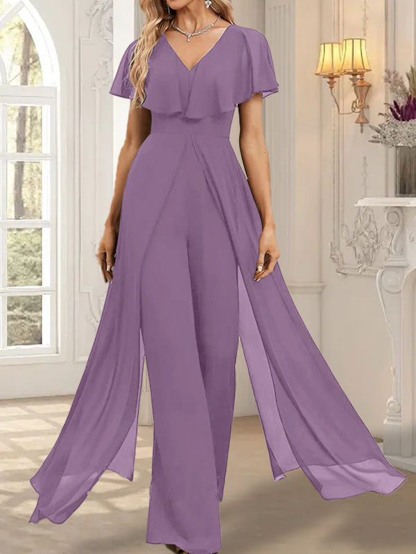 Combinaison-pantalon robe de soirée longue en mousseline à col en V