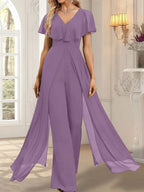 Combinaison-pantalon robe de soirée longue en mousseline à col en V