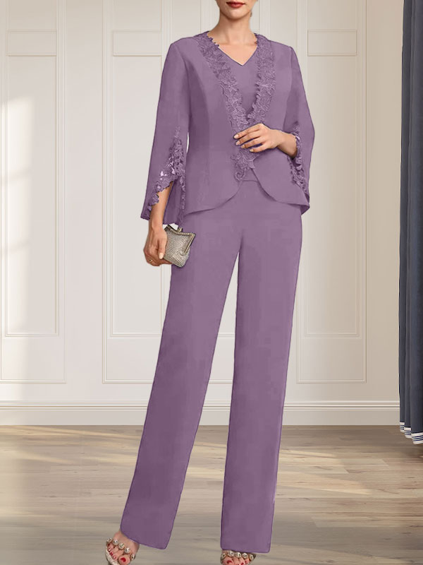 Combinaison/Tailleur-pantalon deux pièces, robe longue en mousseline à col V pour la mère de la mariée