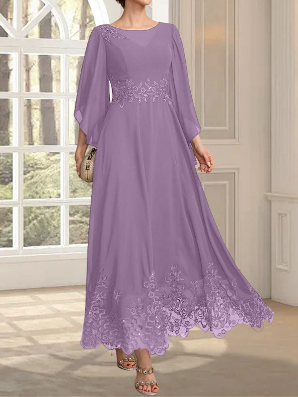 Robe de mère de la mariée en mousseline de dentelle, coupe trapèze, décolleté illusion, longueur cheville, ornée de sequins 