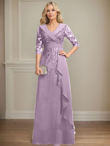 A-line Collared V-Neck Floor-Length Lace Chiffon Mother of the Bride Dress With Sequins Cascading Ruffles