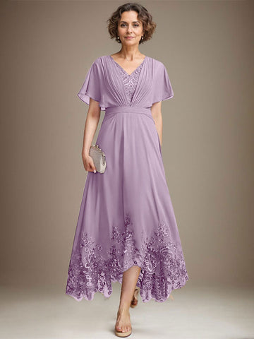 A-line V-Neck Asymmetrical Lace Chiffon Mother of the Bride Dress With Pleated