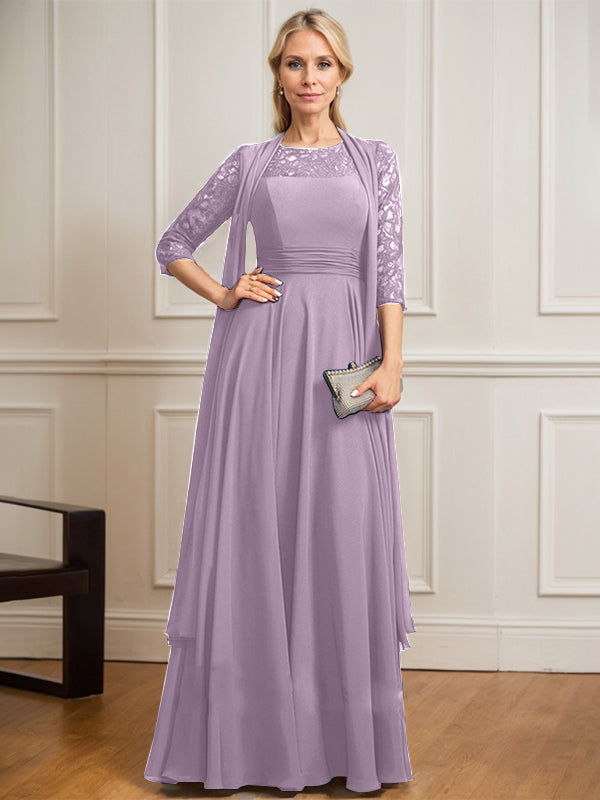 Robe de mère de la mariée en mousseline de dentelle, coupe trapèze, décolleté plongeant illusion, longueur au sol, avec plis. 