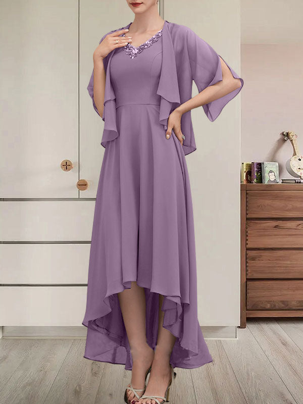 Vestido de corte A, escote en V, asimétrico, de gasa, para la madre de la novia, con lentejuelas y pedrería.