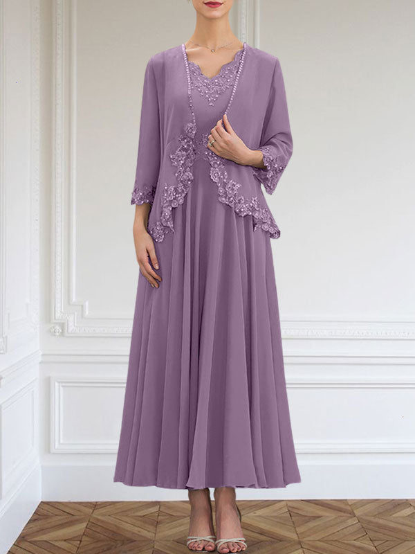 Vestido de corte A, escote en V, largo hasta el tobillo, de gasa, para la madre de la novia, con apliques de lentejuelas, encaje y pedrería.