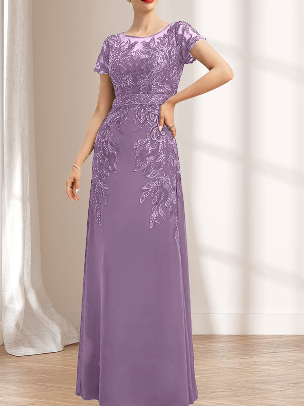 Vestido de novia de corte recto/columna, escote redondo, ilusión, largo hasta el suelo, de encaje y gasa con lentejuelas.