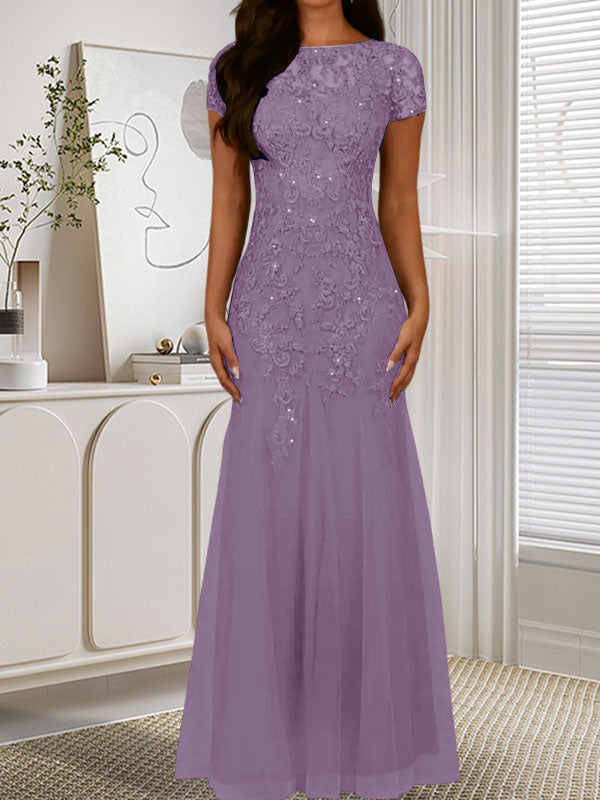 Robe sirène bleu marine foncé à sequins et tulle, décolleté rond, robe en tulle bleu marine foncé