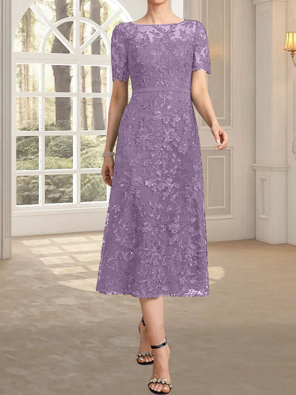 Robe de mère de la mariée en dentelle à sequins, coupe trapèze, décolleté illusion, longueur thé