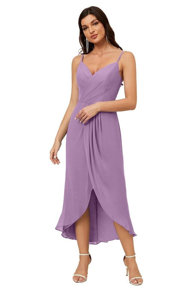 Vestido de dama de honor de gasa con escote en V y abertura media, vestido formal de fiesta, vestido de bienvenida 2803 
