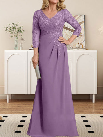Sheath/Column V-Neck Illusion Floor-Length Lace Chiffon Mother of the Bride Dress With Pleated Sequins
