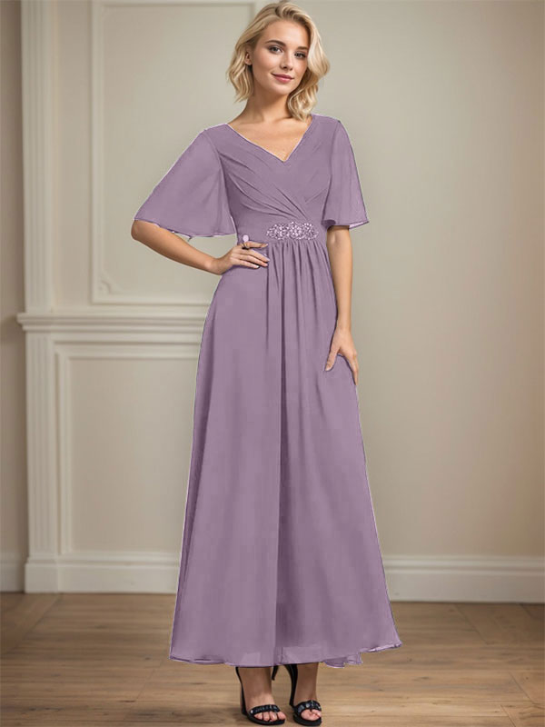 Vestido de gasa de corte A, escote en V, largo hasta el tobillo, para la madre de la novia, con lentejuelas y cuentas plisadas.