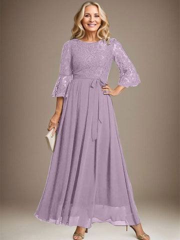 A-line Scoop Ankle-Length Lace Chiffon Mother of the Bride Dress With Bow