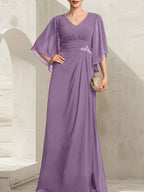 Vestido de corte recto/columna, escote en V, largo hasta el suelo, de gasa, para la madre de la novia, con lentejuelas plisadas y pedrería.