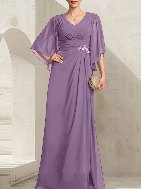 Vestido de corte recto/columna, escote en V, largo hasta el suelo, de gasa, para la madre de la novia, con lentejuelas plisadas y pedrería.