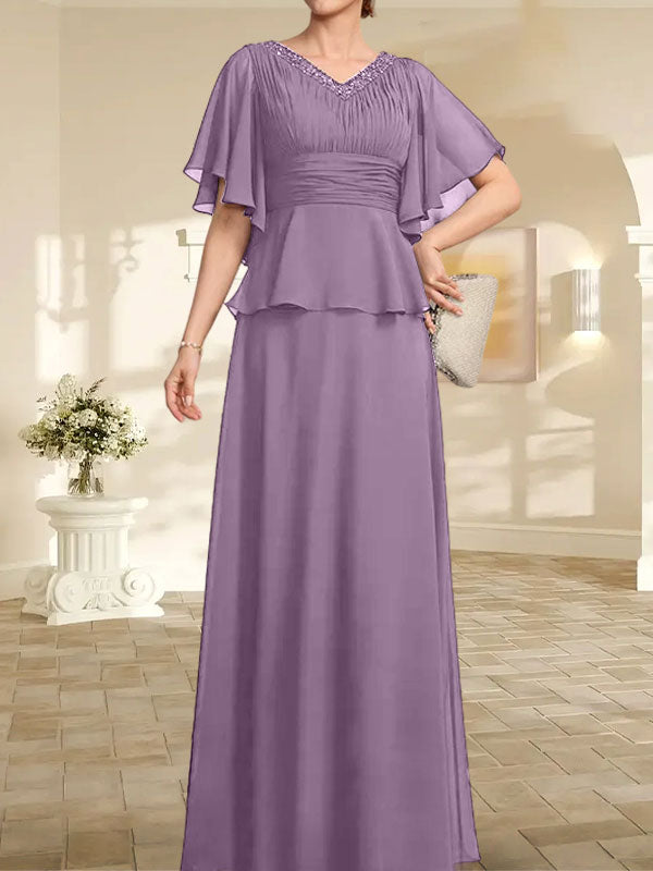 Vestido de gasa de corte A, escote en V, largo hasta el suelo, para la madre de la novia, con plisados ​​y cuentas.