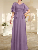 Vestido de gasa de corte A, escote en V, largo hasta el suelo, para la madre de la novia, con plisados ​​y cuentas.