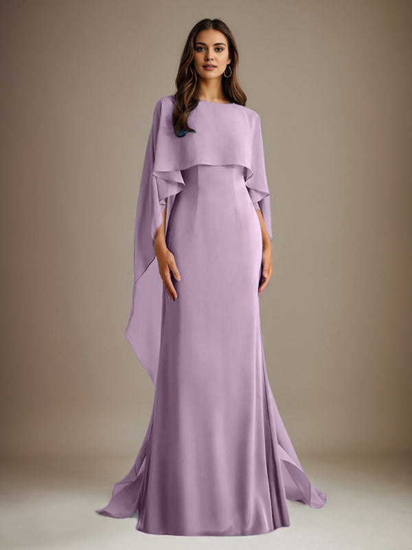 Vestido de gasa de corte recto/columna, escote barco y largo hasta el suelo, para la madre de la novia, con volantes en cascada. 