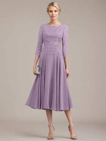 A-line Scoop Tea-Length Lace Chiffon Mother of the Bride Dress