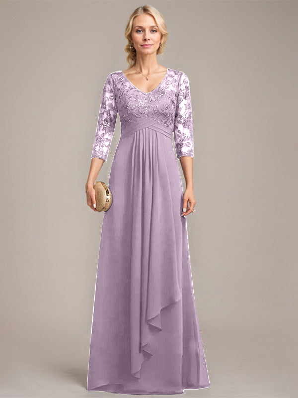 Vestido de novia de corte línea A, escote en V, largo hasta el suelo, de gasa de encaje con volantes en cascada y lentejuelas. 