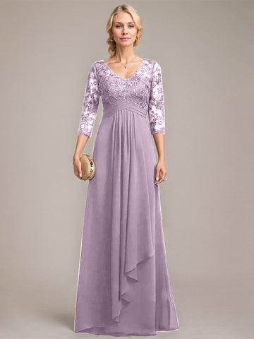 A-line V-Neck Floor-Length Lace Chiffon Mother of the Bride Dress With Cascading Ruffles Sequins