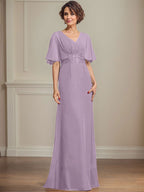 Vestido de corte A, escote en V, largo hasta el suelo, de gasa, para la madre de la novia, con apliques de lentejuelas plisadas y encaje.