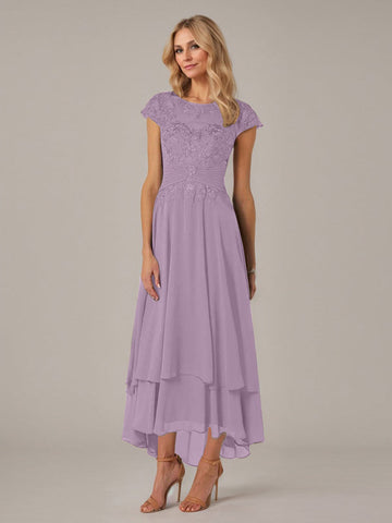 A-line Boat Neck Illusion Asymmetrical Chiffon Lace Mother of the Bride Dress With Applique Pleats
