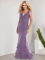 Vestido de sirena para la madre de la novia, corte sirena, escote en V, largo hasta el suelo, de gasa de encaje con apliques de lentejuelas. 