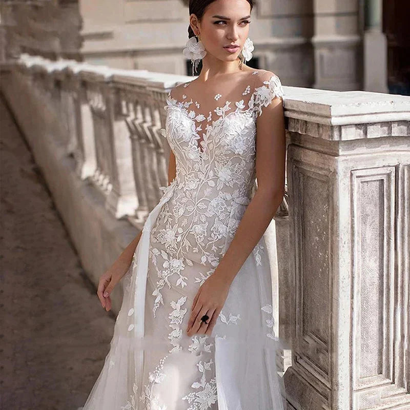 Mermaid 2 In 1 Wedding Dress Tulle Scoop Cap Sleeves Backless Lace Appliques Bridal Gowns With Detachable Train свадебное платье