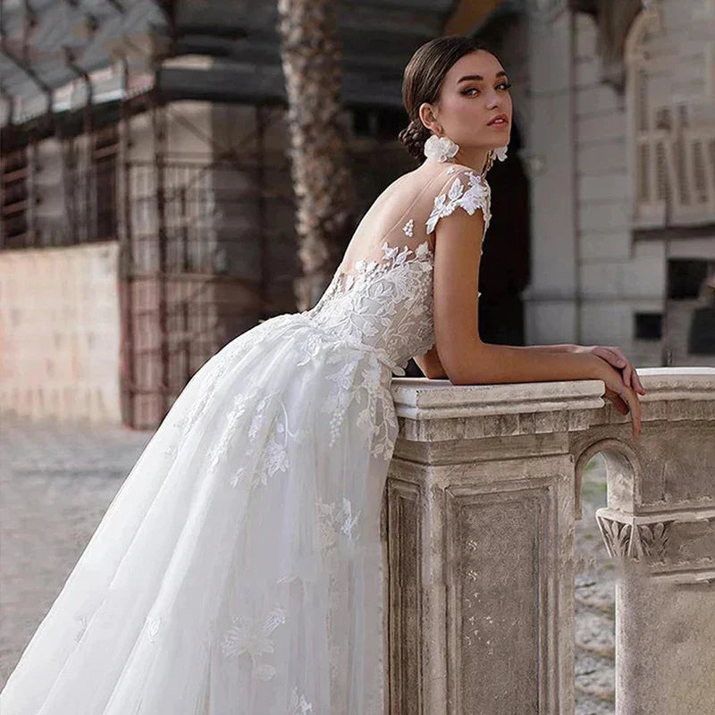 Mermaid 2 In 1 Wedding Dress Tulle Scoop Cap Sleeves Backless Lace Appliques Bridal Gowns With Detachable Train свадебное платье