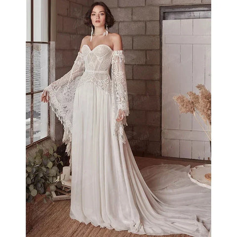 Mermaid Bohemian Wedding Dresses Women's Lace Flare Sleeve Elegant Sweetheart Strapless Chiffon Bridal Gowns A-Line Robe Vestido