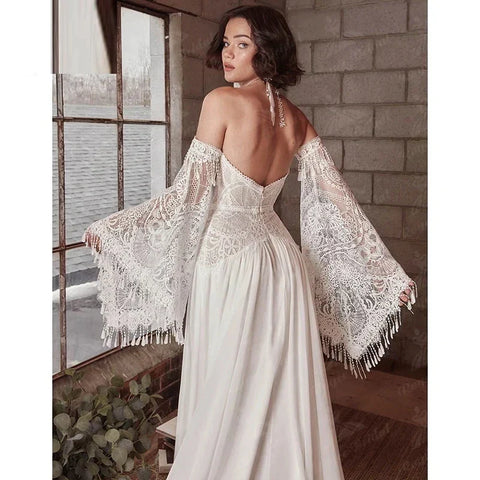 Mermaid Bohemian Wedding Dresses Women's Lace Flare Sleeve Elegant Sweetheart Strapless Chiffon Bridal Gowns A-Line Robe Vestido