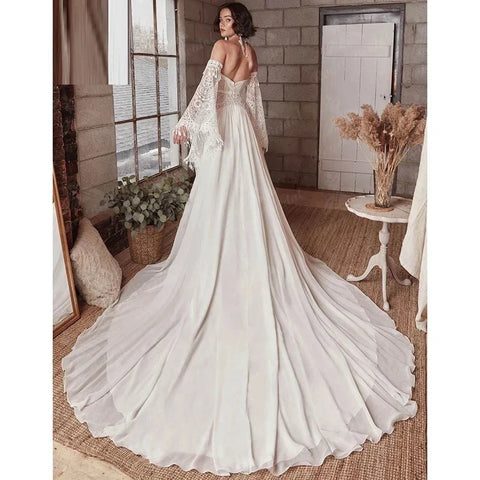 Mermaid Bohemian Wedding Dresses Women's Lace Flare Sleeve Elegant Sweetheart Strapless Chiffon Bridal Gowns A-Line Robe Vestido